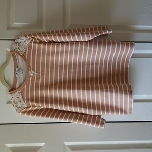 Denim & Co. Perfect Jersey 3/4 Sleeve Striped Top w/ Lace Detail (M)